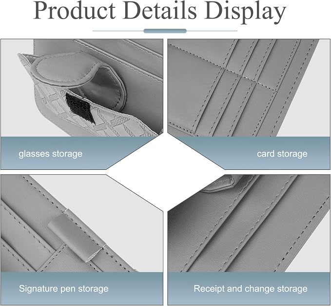 Car Sun Visor Organizer, Leather Multi-Pocket Auto Visor Storage Pouch for Sunglasses Cards License, Waterproof Car Interior Space-Saving Accessories, Universal for Most Cars (Gray)