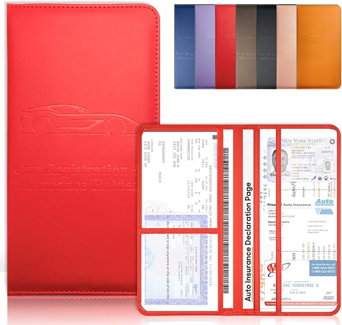 Red Car Registration and Insurance Holder with Magnetic Closure for Glove Box Organizers Car Document Holder Car Document Organizer Car Glove Box Organizer