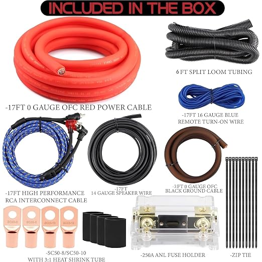 0 Gauge AMP Wiring Kit OFC,3000W Car Audio Amp Install Kit with 250A ANL Fuse Holder, RCA Cable, Speaker Wire & Ring Terminals for Complete 1/0 OFC Subwoofer Amp Wiring kit