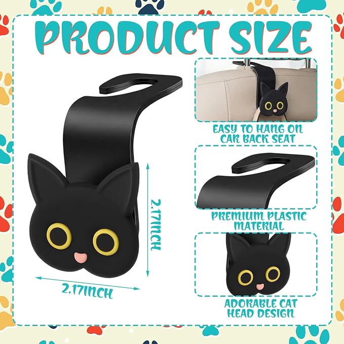 Novabright 4 Pcs Black Cat Car Seat Headrest Hooks Cute Cartoon Cat Car Seat Back Organizer Vehicle Headrest Hangers Automobile Storage Accessories for Handbags Purses Grocery Bags Coats Umbrella