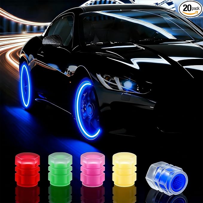 20 Pcs Glow in The Dark Tire Valve Caps Fluorescent Tire Valve Stem Caps, Cool Car Present for Universal Decoration Accessories for Car SUV Bicycle Motorcycles Trucks (Colorful)