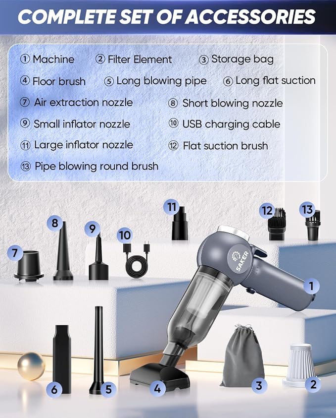 6 in 1 Car Vacuum Cleaner, 20000PA Handheld Vacuum Cordless Rechargeable 7800mAH with Type-C Reverse Charging, Window Breaker and Seatbelt Cutter for Car,Office and Home Cleaning,SW102 Blue Gray