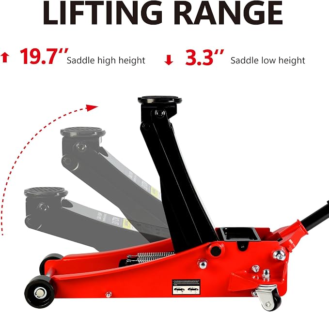 Floor Jack, Professional Heavy Duty Hydraulic Floor Jack, Low Profile Floor Jack, Steel Racing Floor Jack w/2 Piston Quick Lift Pump, Floor Jack Lifting 3.3"-19.7" 3 Ton(6000lb) Capacity Red