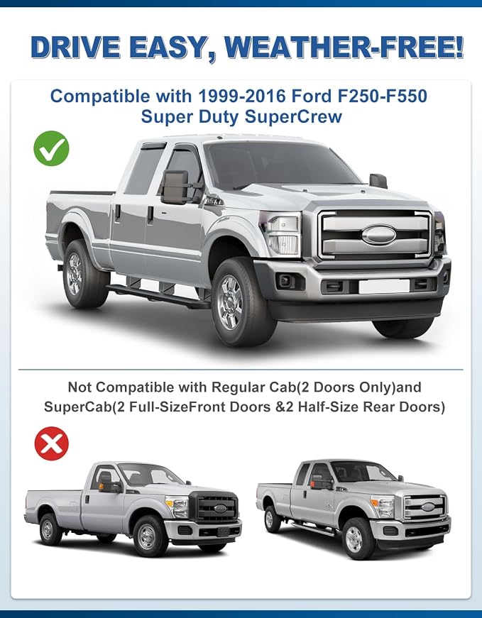in-Channel Window Rain Guards Fit for Ford F250 - F550 Super Duty 1999-2016 SuperCrew,Rain Guards Visors Vent Visors Window Deflector, Vent Shades Car Accessories -4 pcs
