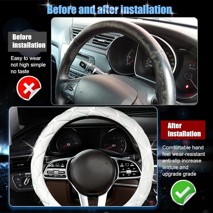 Steering Wheel Cover, Auto Cute PU Diamond Bling Breathable Soft Comfort Leather Car Interior Accessories Sparkly Fit Most O-Shaped Steering Wheels for Women Men (White)