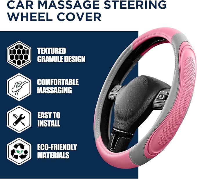 Car Steering Wheel Cover - Microfiber Leather Steering Wheel Wrap Sports 14.5-15 Inch Steering Wheel Cover Non-Slip for Men Women Pink & Gray Color