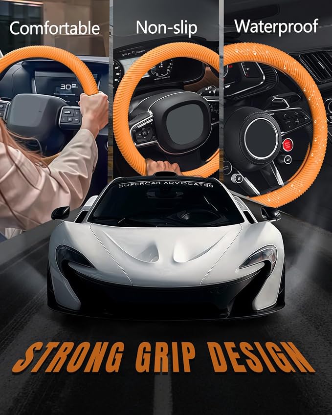 Car Steering Wheel Cover, Thin Anti-Skid Silicone Steering Wheel Cover for Men & Women, Universal Automotive Interior Accessories for Most Cars (Dark Orange)