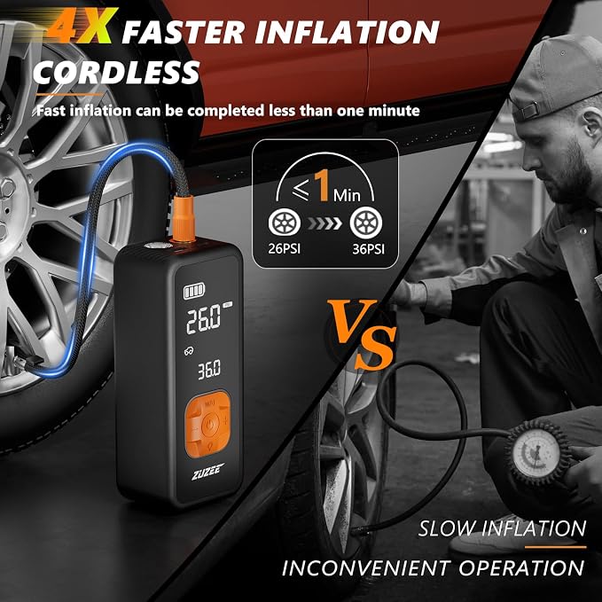 ZUZEE Tire Inflator Portable Air Compressor - 4X Faster Inflation, 150PSI Air Pump for Car Tires with Digital Pressure Gauge/LED Light, Portable Tire Inflator for Car, Moto, Bike, Ball, etc