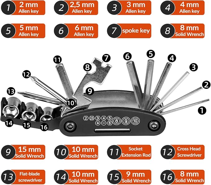 Bike Multitool Lightweight 16-in-1 MTB Bicycle Multitool Compact Portable Bike Repair Tool Kit With Allen Wrench, Tire Levers-1 Pack