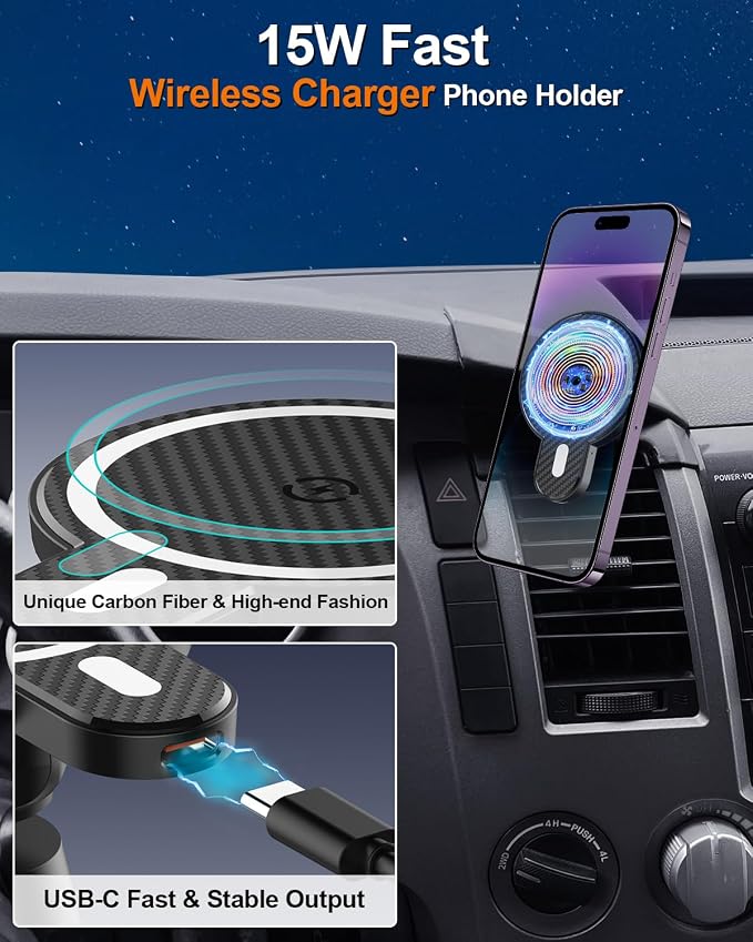 Car Phone Mount for Toyota Tundra 2007-2013 /Sequoia 2008-2013 Accessories | Magnetic 15W Fast Wireless Charger Phone Holder for Tundra Vent with Magsafe Fixed Clip 360° Rotation Hands-Free Cradles