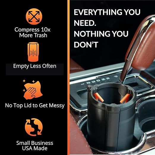 Car Trash Can Cup Holder | Mini Car Trash Can | Fits in Most Doors | 5.1" x 2.9" | Traps More & Empties Less, Patent-Pending Compaction, Holds Weeks of Small Garbage, Black/Orange