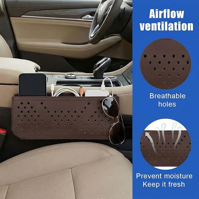 Car Seat Side Pocket Organizer, PU Leather Water-Resistant Car Console Storage Bag, Multifunctional Auto Interior Door Tray Pouch Organizer Accessories for Phone Keys Sunglasses (Brown)