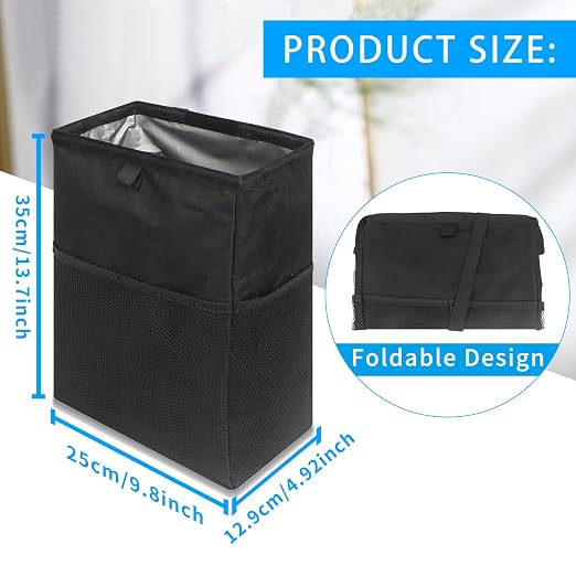 Hanging Car Trash Can with 4 Storage Pockets, Waterproof Leakproof Oxford Auto Garbage Bag, Adjustable Garbage Bag, Foldable Car Trash Bin Fit for Truck, SUV, Home, Office