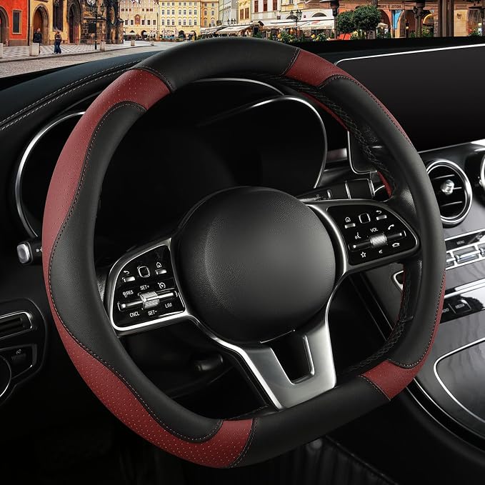 Black Burgundy Microfiber Leather D Shaped Steering Wheel Cover | Breathable Anti Slip Grip Cool Sporty Look Glow for Women Men