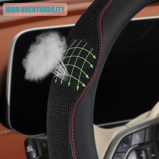 14 inch Steering Wheel Cover for Prius Civic, Nappa Microfiber Leather Non-Slip Breathable Fabric, Warm in Winter and Cool in Summer, Black Small 13.5 inch to 14 inch