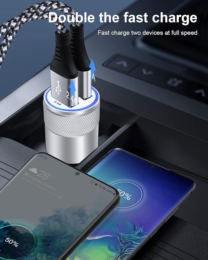 Car Charger, 3.4a Portable Dual Port 12V USB Cargador Carro Lighter Adapter | Cig Socket Adapter for iPhone 17e 17 16E 16 15 14 13 Pro Max Plus, iPad, Tablet, Samsung Galaxy Cigarette Auto Charge