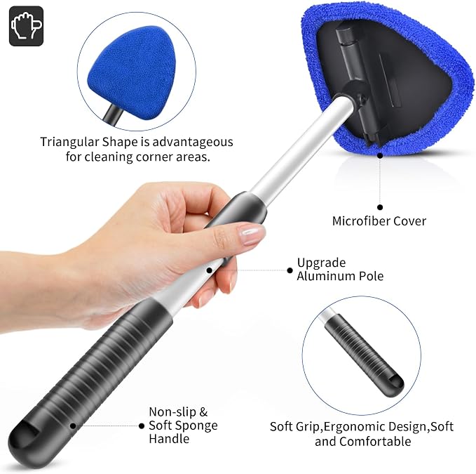 Windshield Cleaning Tool, 23-inch Extendable Handle Car Window Cleaner with 4 Reusable and Washable Microfiber Pads, Auto Glass Wiper Kit for Interior & Exterior, Ideal for Dirty Car Windows, Blue