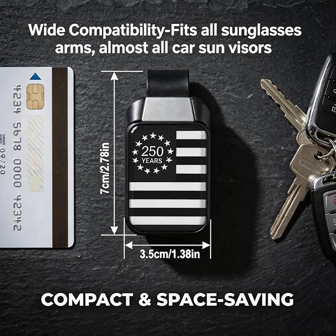 2 Pack Sunglasses Holder for Car, One-Handed-Operation Visor Sunglass Holder Clip, Easy Access Storage for Driving,Universal Fits (Black-White-250 Anniversary USA Flag)