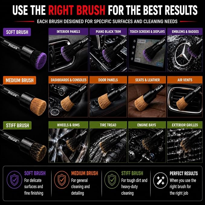 6PCS Car Detailing Brush Set - 2 Boar Hair Brushes, 2 Ultra Soft No-Scratch Brushes & 2 Medium Detail Brushes for Car Interior & Exterior Cleaning | Car Detailing kit