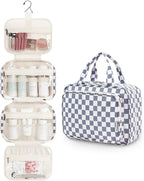 Hanging Toiletry Bag for Women Travel Makeup Bag Organizer Toiletries Bag for Travel Size Essentials Accessories Cosmetics (Grayish Blue Checkerboard (Medium))