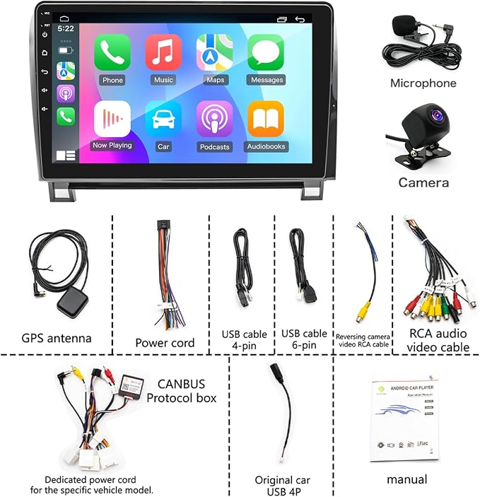 8-core 4+64G Car Stereo Radio for Toyota Tundra 2007-2013, for Toyota Sequoia 2008-2018, 10" IPS HD Touch Screen Radio with Wireless CarPlay/Android Auto/WiFi/GPS/Bluetooth/FM/SWC/Backup Camera/Mic