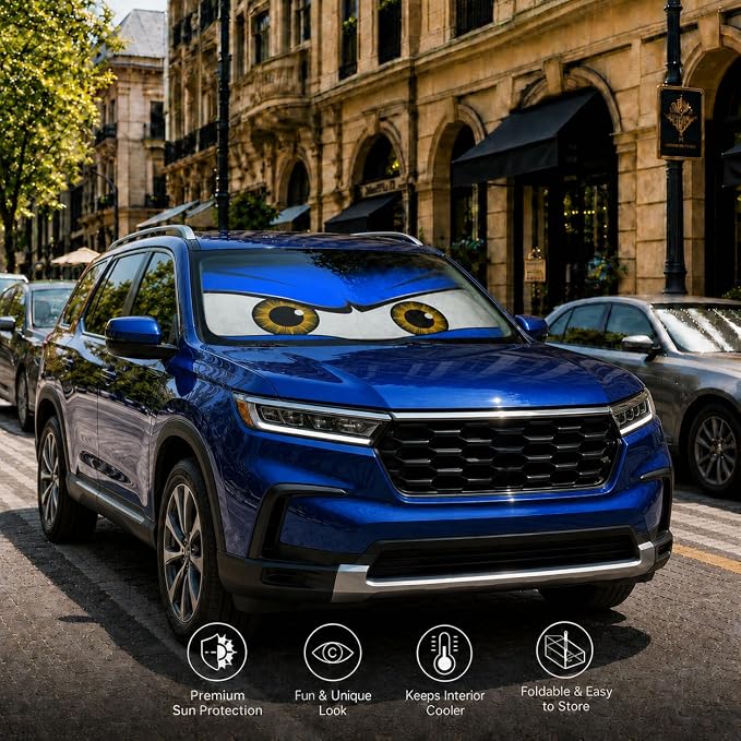 Car Windshield Sun Shade, Universal Fit Full-Size SUV Pickup, Monster Blue | 63 x 33.86" Large Foldable Windshield Cover, Foldable Front Window Sunshade, UV Heat Blocker, Cute Eyes Series