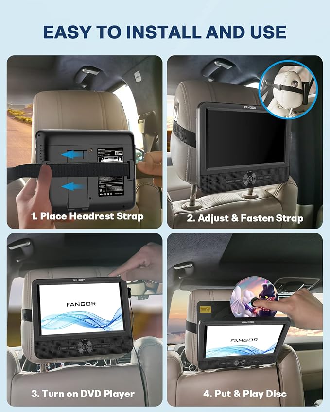 Car DVD Player Dual Screen, 7.5 Inch DVD Player for Car Play The Same or Two Different Movies with Headrest Straps, Support Last Memory, AV Out/in, USB/SD Card, All Regions