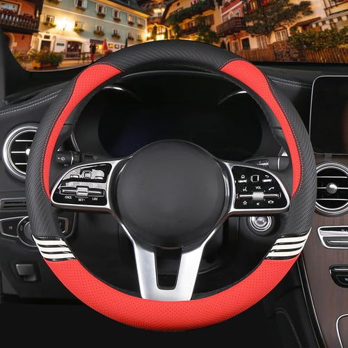 14 inch Cute Steering Wheel Cover for Women Men Faux Leather and Carbon Fiber,Black and Red