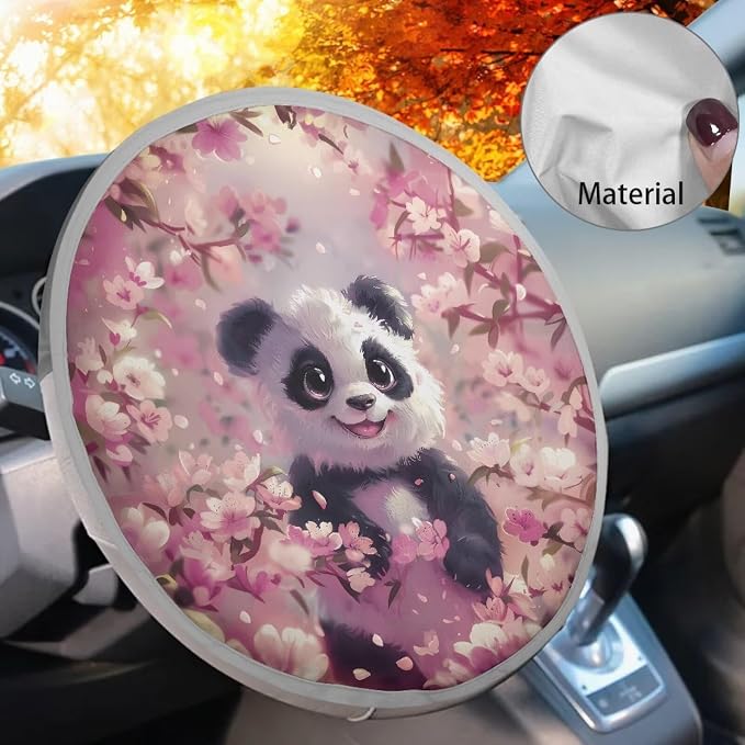 Steering Wheel Cover Sun Shade Pink Cherry Blossom Panda Car Steering Wheel Accessories for Women 17 inch Cooling Steering Wheel Cover Block Sun & Heat Universal Fit for Cars SUV Trucks