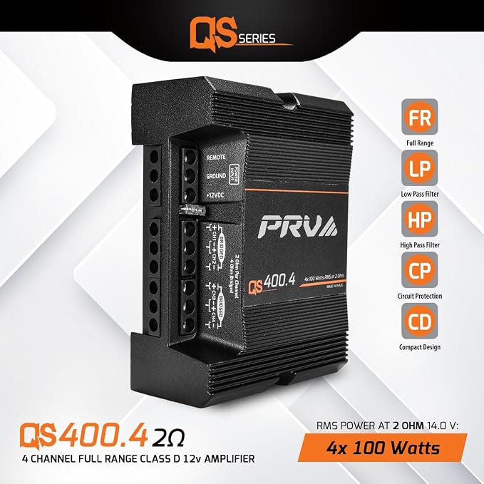 QS400.4 2 Ohm Mini Compact 4 Channel Car Audio Amplifier 4 x 100 Watts RMS at 2 Ohm - 400 Watt Amp Stereo 12 Volts Amp Class D Full Range Bridgeable