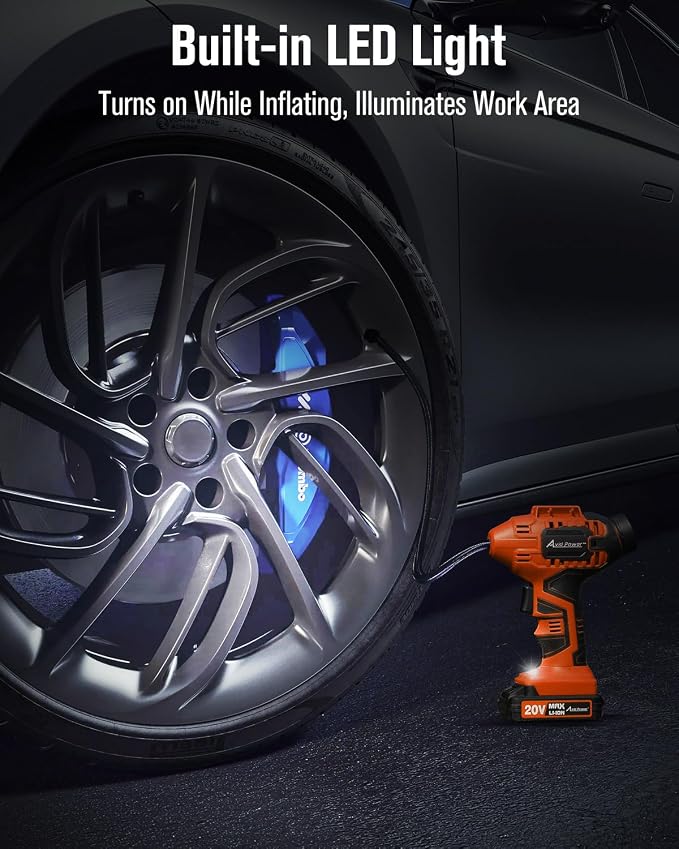 Tire Inflator Portable Air Compressor, 20V Cordless Rechargeable Battery Tire Pump w/ 12V Car Power Adapter, Digital Pressure Gauge, Auto Air Pump for Many Inflatables (Orange)