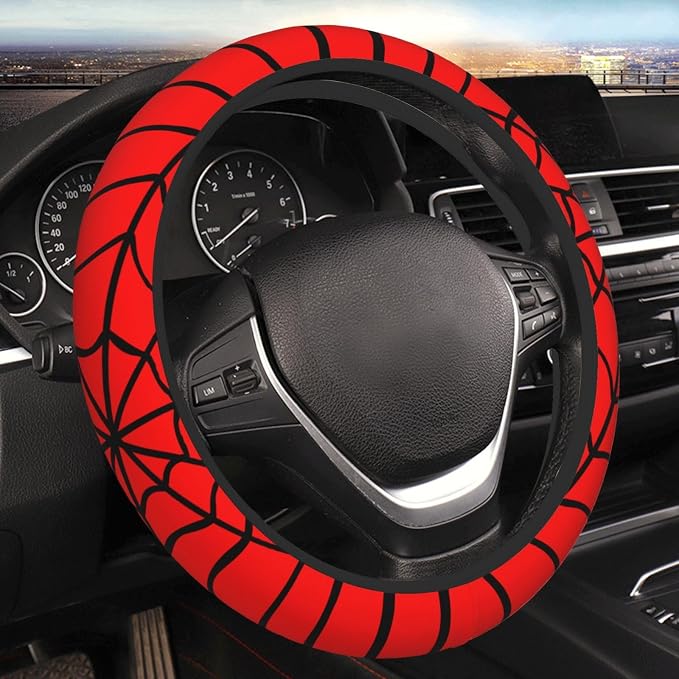 Red Black Spider Web Elastic Steering Wheel Cover Non-Slip Breathable Steering Wheel Protector Fit Auto, SUVs, Truck