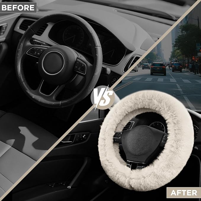 Steering Wheel Cover, Fluffy Car Wheel Covers for Women/Girls/Ladies，Soft Wool Fur Steering Wheel Protector, Universal 14 1/2 inches to 15 inches - White