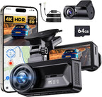 Front Rear - 4K STARVIS Sensor Dashcam,Free 64GB Card, Built-in 5G WiFi/GPS, Dual Dash Camera for Cars with 3" IPS Screen,HDR/WDR Night Vision, App Control, 24H Parking Mode