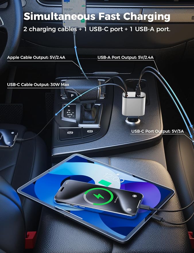 【Upgraded】 Retractable Car Charger 4 in 1, Fast Car Phone Charger with Cord 2.6ft, USB C and Apple Car Charger Adapter, Compatible with iPhone 17/16/15/15 Pro Max/14/13/12/11, Galaxy, Pixel
