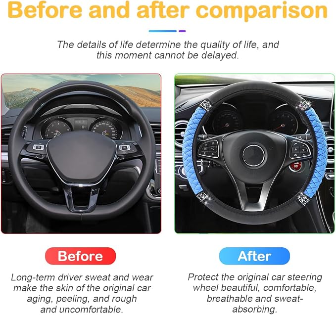 Bling Car Steering Wheel Cover, 15 Inch Rhinestones Soft Leather Elastic Steering Wheel Protector, Sparkly Crystal Diamond for Women Girls, Car Interior Accessories for Most Cars (Blue)