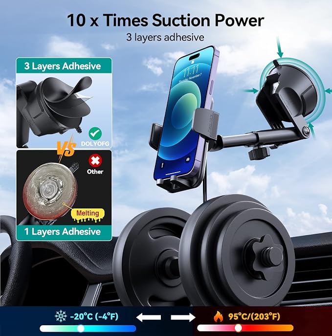 Car Phone Holder Mount, [Military-Grade Suction & Super Sturdy Base] 3 in 1 Universal Phone Mount for Car Dashboard Windshield Air Vent Dash Pad Car Mount for iPhone Android Smartphone