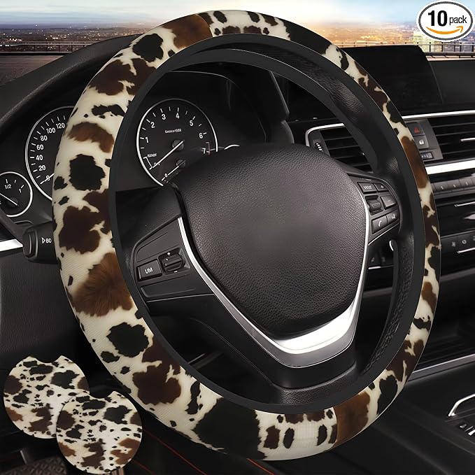 Cow Print Steering Wheel Cover - 2 Car Cattle Cup Coasters | Anti-slip Breathable Universal 14 - 15-In Vintage Cows Print Cute For Men Women