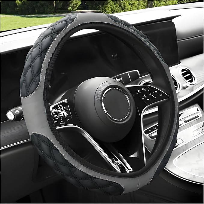 Car Steering Wheel Cover, 15 Inches Non-Slip Leather Steering Wheel Protector, Universal Soft Cover Mats for Car Truck SUV, Interior Car Accessories (Gray)