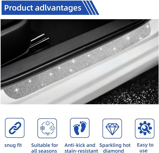 NETEPEM Bling Car Door Sill Protector 2PCS Car Door Edge Guard Rhinestones Door Threshold Protection 23.62x1.96 inch Anti-Scratch Strip Sticker Universal Bling Car Accessories(Silver)