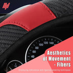 Leather Car Steering Wheel Cover, 15 Inch Anti-Slip Carbon Fiber Black Steering Wheel Cover, Universal Car Interior Accessories for Trucks Sedans SUVs (Black & Red)