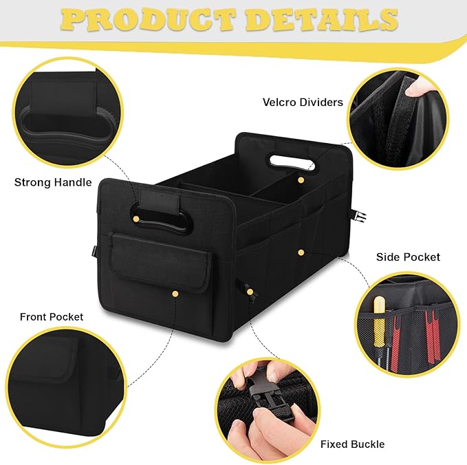 Car Trunk Organizer, Car Organizers and Storage Collapsible Multi Compartment Container Box, Adjustable Car Accessories for SUV Sedan Truck, Standard Size, Black