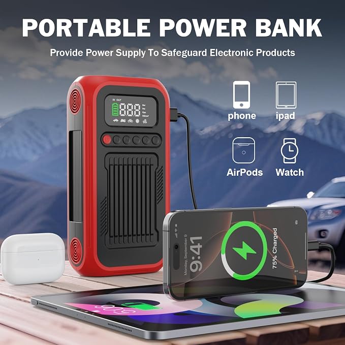 Tire Inflator Portable Air Compressor,12V Car Battery Jump Starter,5X Faster Air Pump For Car Tire with Digital Tire Pressure Gauge&LED Light&Auto Shut-Off,Cordless Pump for Car,Motor,Bicycle,ball