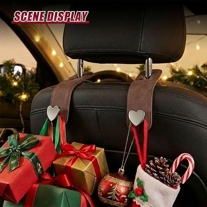 2PCS Cute Heart Car Seat Headrest Hook, Suede Leather Car Seat Back Storage Hanger for Purse and Bag, Universal Vehicle Interior Organizer Accessories for SUV, Truck(Brown)