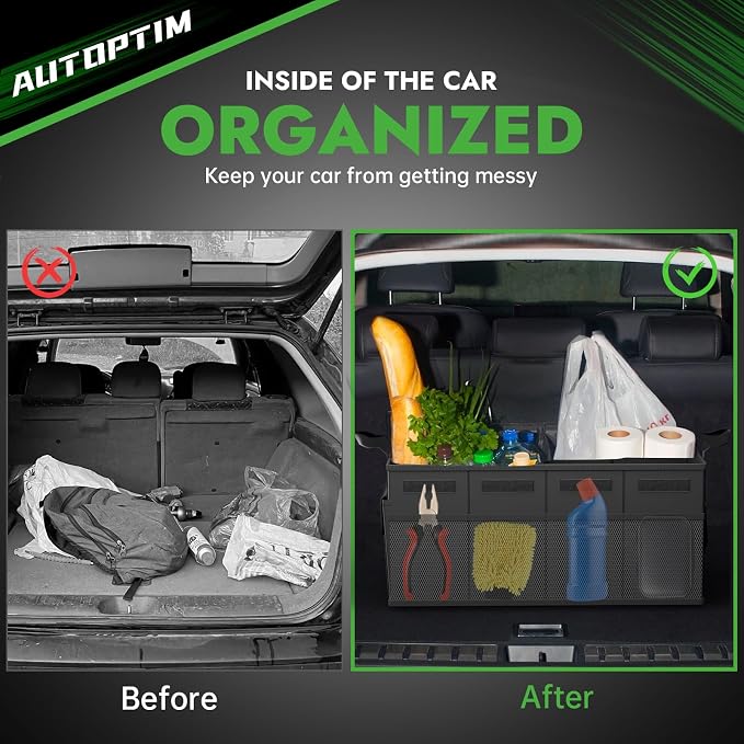 Car Trunk Organizer - 65L Collapsible Car Organizer with Non Slip Bottom & Multiple Pockets for Groceries, Trunk Storage with Base Panel for SUV Sedan Van, 2 Compartments (Black, Large)