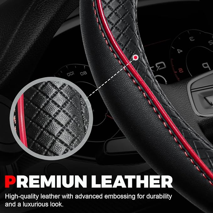 Car Steering Wheel Cover, Microfiber Leather Steering Wheel Covers with Anti-Slip Lining, Universal 14.5-15 inchs Black with Red line