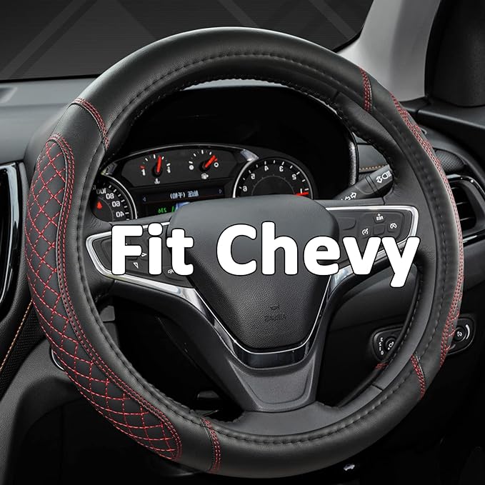 Customized Auto Car Steering Wheel Cover for Chevy Silverado,Tahoe,Equinox,Traverse,Trailblazer,Colorado (Diamond Quilted-Black+Red-Standard Size)