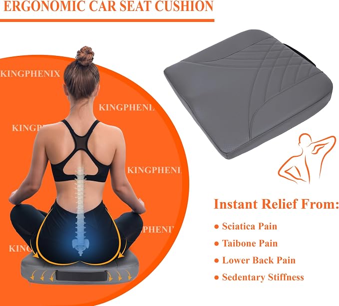 Premium Car Seat Cushion, Memory Foam Driver Seat Cushion to Improve Driving View- Coccyx & Lower Back Pain Relief - Seat Cushion for Car, Truck, Office Chair (Leather Dark Gray)