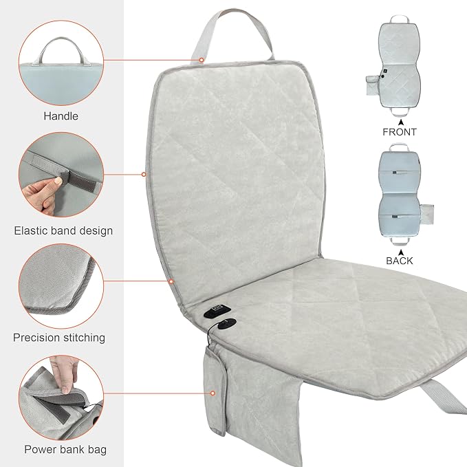 Portable Heated Seat Cushion (No Power Bank) - Premium Heated Camping Chair Pad, Foldable Heated Stadium Seat for Bleachers, USB Powered for Sports & Concerts - Grey