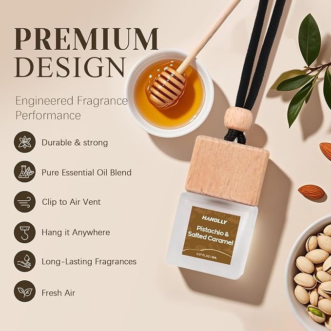 Car Air Hanging Fragrance Oil, Car Auto Freshener for Essential Oils, Scents Fragrance Aromatherapy Automobile Diffuser, Long Lasting (Pistachio & Salted Caramel)